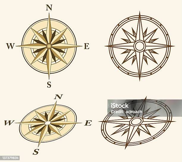 Illustrations Of Four Compasses Stock Illustration - Download Image Now - Cartography, Direction, East