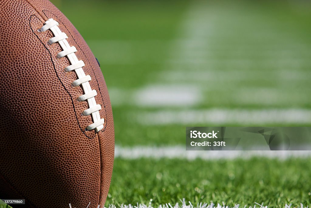 Pro Football on the Field Pro American Football on the Field Close Up with room for copy, shot at shallow depth of field American Football - Ball Stock Photo