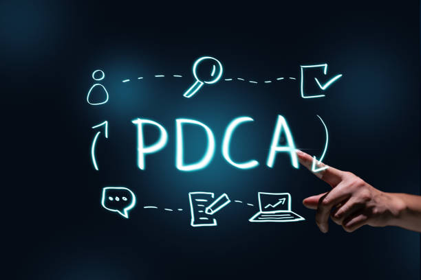 Concept PDCA or Plan Do Check Act. Organization and improvement of processes. Person clicks on an abstract hologram. stock photo