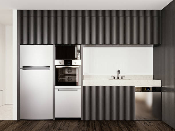 istock Modern interior design dark gray slat kitchen with marble countertop, glass backsplash and brushed aluminum appliances, 3d rendering, 3d illustration 1373813314