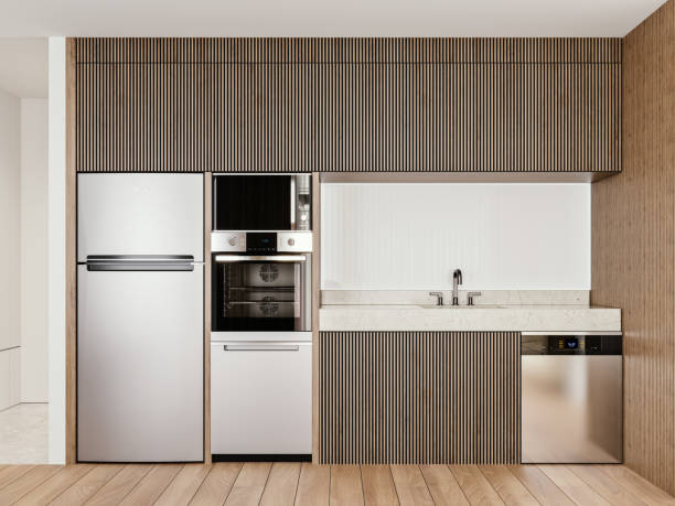 Modern interior design wooden slat kitchen with marble countertop, glass backsplash and brushed aluminum appliances, 3d rendering, 3d illustration stock photo