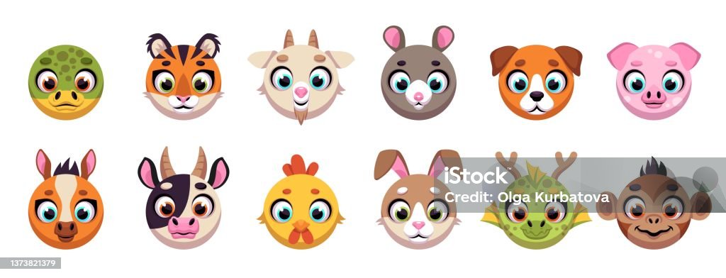 Animals Circle Faces Funny Cartoon Muzzles Round Shapes Ui Apps Icons Cute  Wildlife Characters Chinese Horoscope Signs App Signs Funny Fauna Faces  Vector Isolated Set Stock Illustration - Download Image Now - iStock