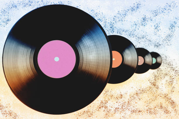 istock Vintage background with old vinyl records on scratchy background with perspective. 1373835065