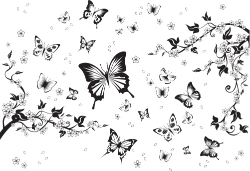 Floral black and white background with butterflies