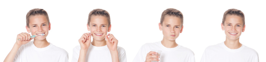 Teenage boy brushing his teeth, flossing, rinsing and smiling. Can be used together or separate.