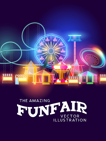 Neon glowing funfair rides and attactions, Vector amusement park.