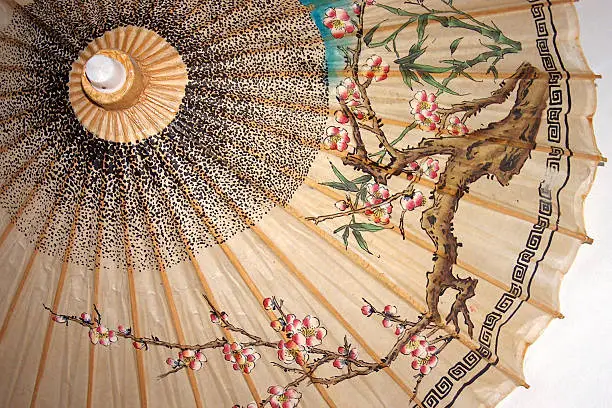 A part of a beautiful chinese umbrella made out of paper.