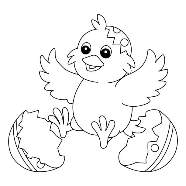 ilustrações, clipart, desenhos animados e ícones de chick pop out in easter egg isolated coloring page - eggs new life shape animals and pets