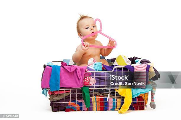 Baby In Clothes And Hanger Stock Photo - Download Image Now - Boys, Closet, White Background