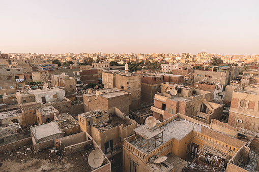 Old Cairo skyline at sunset, view of old and giza.