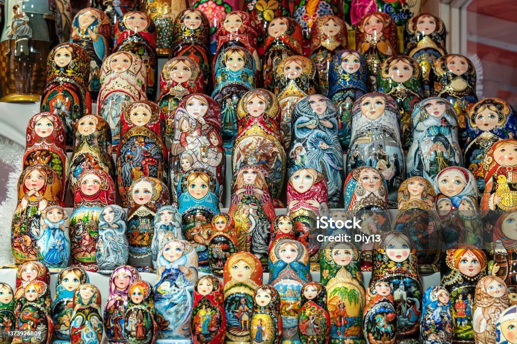 Lot of traditional Nesting dolls or Russian Matryoshka most popular souvenir from Russia Lot of traditional Nesting dolls or Russian Matryoshka. most popular souvenir from Russia Russian Nesting Doll Stock Photo