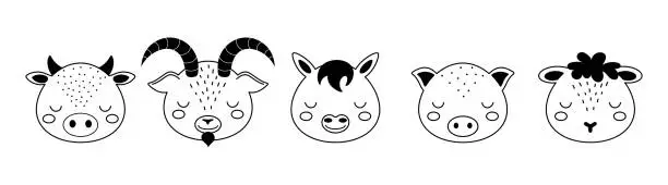 Vector illustration of Collection of cartoon animal faces in scandinavian style. Cute animals for kids t-shirts, wear, nursery decoration, greeting cards. Black and white cow, goat, horse, pig, sheep.