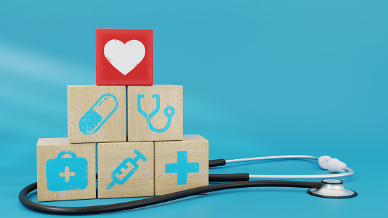 3D Render Wooden Blocks with Healthcare Icons and Stethoscope red heart
