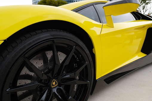 Miami, Florida USA - February 20, 2022: Exotic 2014 Lamborghini Aventador LP720 supercar on display at the public Miami Concours car show in the upscale Design District.