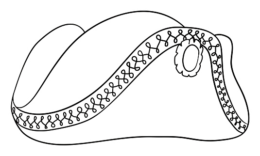 Old fashioned tricorn hat with decorative laces and button. Design in outline to coloring it.