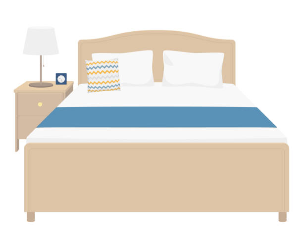 ilustraciones, imágenes clip art, dibujos animados e iconos de stock de ilustración vectorial de cama y mesita de noche aisladas sobre fondo. - queen size bed