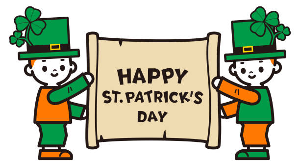 ilustraciones, imágenes clip art, dibujos animados e iconos de stock de ¡feliz día de san patricio! niños lindos disfrazados del día de san patricio desenrollando un pergamino de papel medieval con texto de bienvenida escrito a mano - clover st patricks day welcome sign greeting