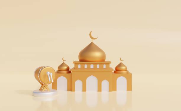 istock Ramadan Kareem image. Ramadan Kareem 3d illustration with copy space.Traditional religious symbol crescent, hanging lanterns, gold confetti 1374147718