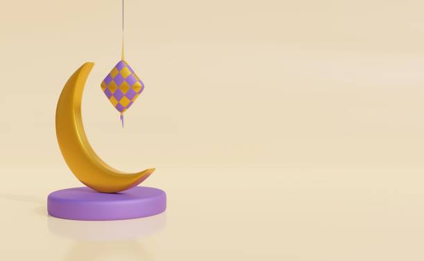 istock Ramadan Kareem image. Ramadan Kareem 3d illustration with copy space.Traditional religious symbol crescent, hanging lanterns, gold confetti 1374147721