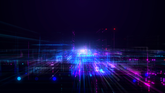 Digital Cyberspace with Line Neon Light, Network Connections, Technology Digital Abstract Background 3d rendering
