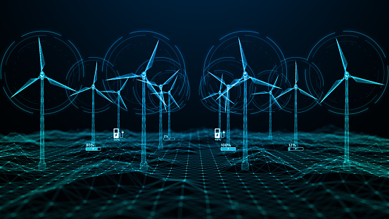 Hologram wind turbine green energy concept, Renewable energy production for green ecological world, Wind farm technology abstract background 3d rendering