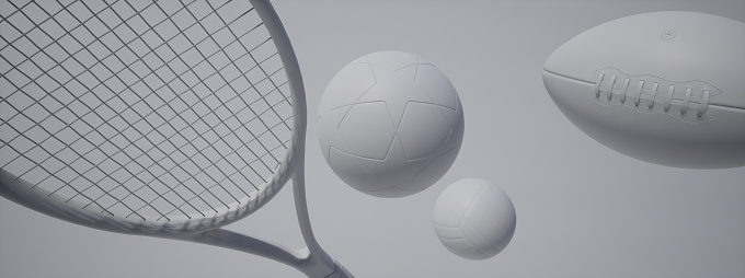 3d rendering of ball for American football, tennis,  volleyball and soccer on a blue background.