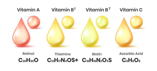 비타민 오일 포뮬러 - vitamin d vitamin b1 vitamin pill nutritional supplement stock illustrations