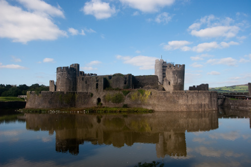 Caerphilly Castle and its reflection in its moat