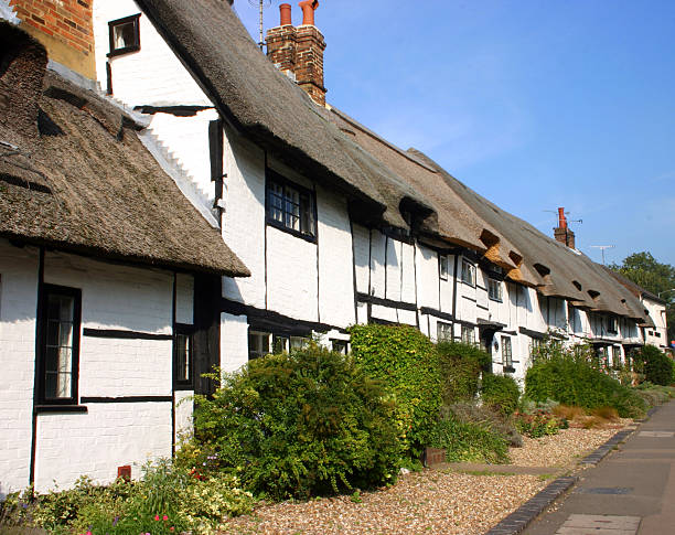 istock Whitewashed thatched medieval cottages in an English village 137421510