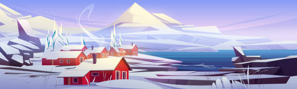 bildbanksillustrationer, clip art samt tecknat material och ikoner med nordic landscape with mountains, village and lake - fjäll sjö sweden
