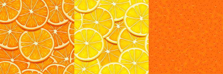 Textures of orange, lemon slices and peel. Seamless patterns with citrus fruit pieces and skin. Vector bright backgrounds of cut tropical fruit and orange rind for game design