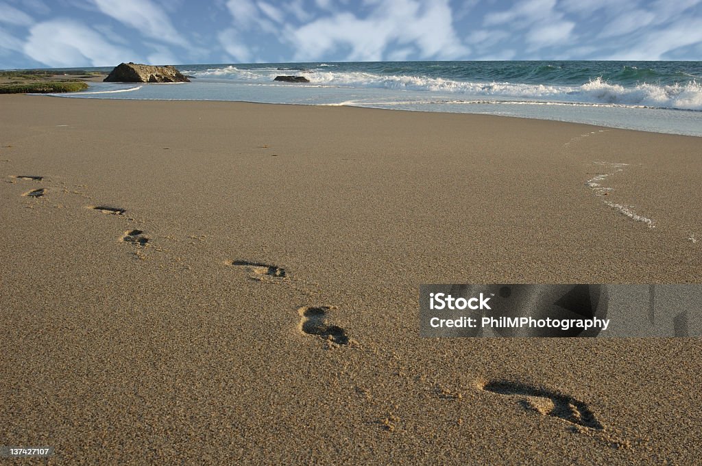 Footsteps on the beach Footsteps on the beach leading towards the viewer.  Blue cloudy sky and the surf breaking in the background. Beach Stock Photo