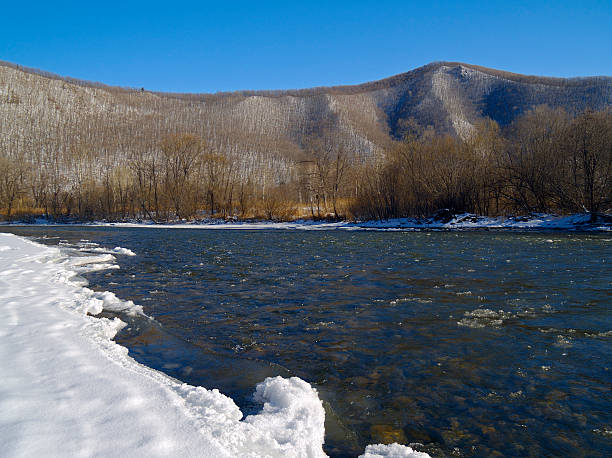 Winter landscape with the river at a mountain slope