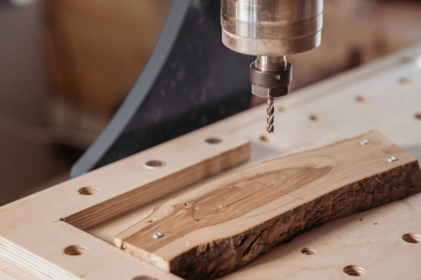 istock Machine tool in wood factory with drilling cnc machines. Computer numerical control 1374286394