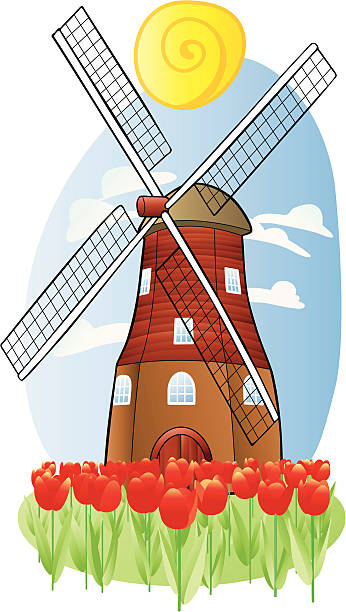 ilustrações, clipart, desenhos animados e ícones de tulip e moinho de vento - tulip field flower cloud