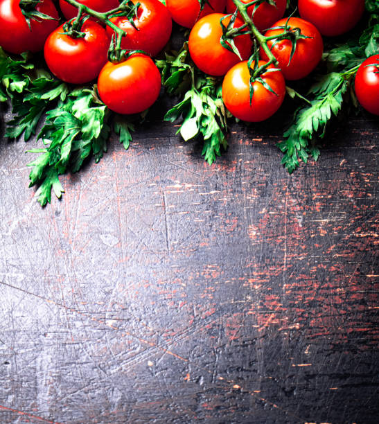 istock Fresh tomatoes on a branch with parsley. 1374308160