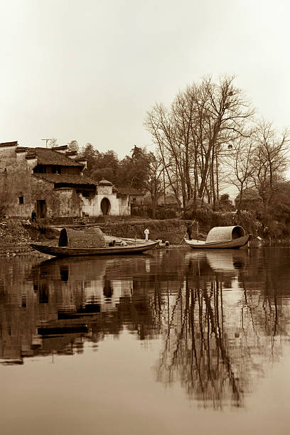 Ferry crossing the river - Near huangshan foot hill, Anhui Province, China.