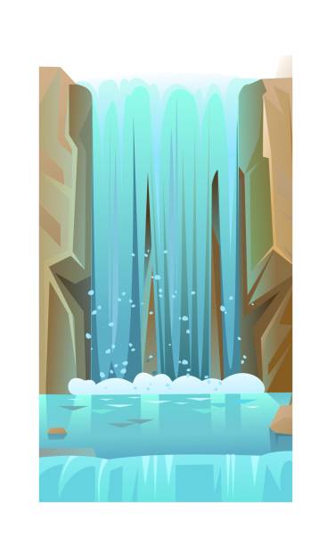 istock Waterfall among rocks. Cascade shimmers downward. Water flowing. Cool cartoon style. Object isolated on white background. Vector 1374337513