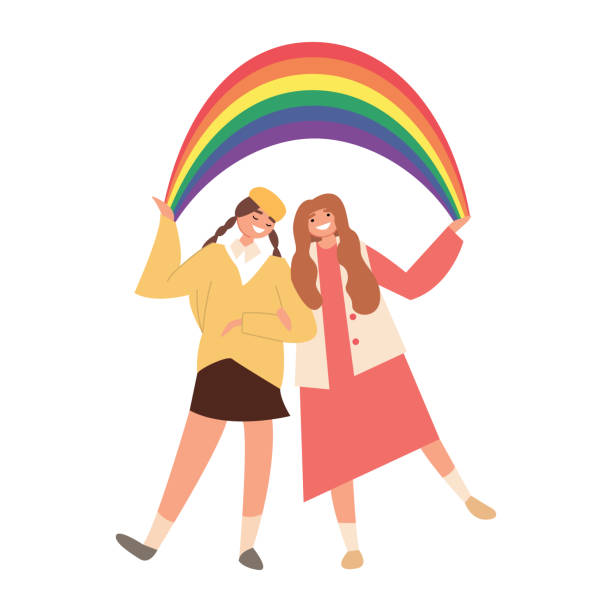 ilustraciones, imágenes clip art, dibujos animados e iconos de stock de pareja joven mujer feliz sostiene una bandera lgbt. el concepto de comunidad lgbt. mes del orgullo lgbt. desfile del orgullo gay. derechos humanos, contra la discriminación, la injusticia. ilustración vectorial de dibujos animados. - rainbow gay pride homosexual homosexual couple