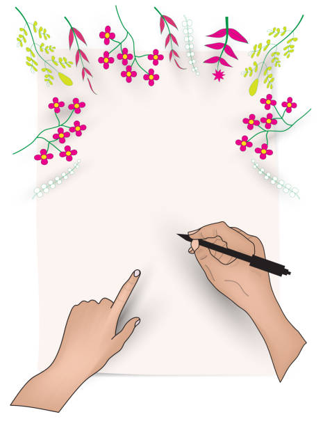 istock card mock up with hand holding pen  to write or signature on paper to text note at work, top view with flower and copy Space concept beautiful of love design isolated background vector, illustration 1374350132