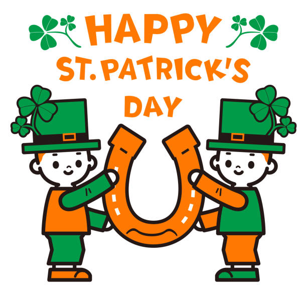 ilustraciones, imágenes clip art, dibujos animados e iconos de stock de texto escrito a mano "feliz día de san patricio" y lindos niños disfrazados del día de san patricio con una gran herradura - clover st patricks day welcome sign greeting