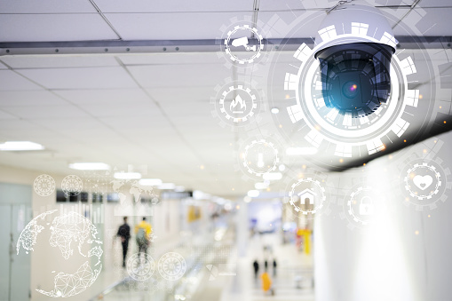 CCTV cameras and airport icons security and anti-theft systems.