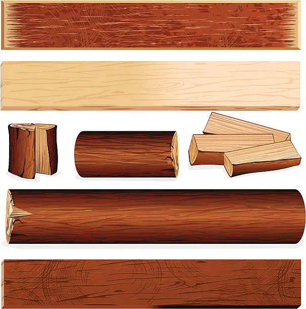 Vector illustration of A set of wooden logs and planks