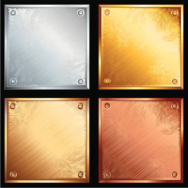Metal plates in four different materials Rusty metallic plates with screws-gold, silver, bronze and brass surface. bronze plaque texture stock illustrations