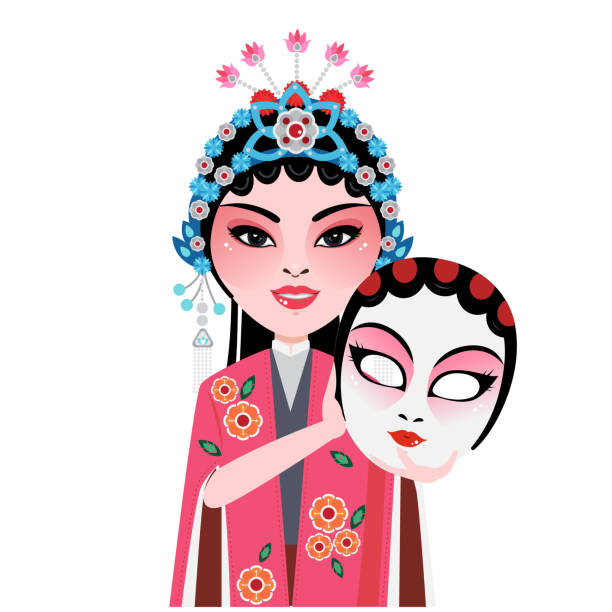 chinese drama Chinese soap poeras - Woman in traditional costume holding chinese mask. chinese opera makeup stock illustrations