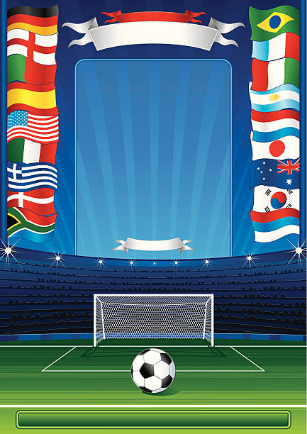 Soccer placard Detailed vector poster with soccer stadium and national flags-for your text or image stadium playing field grass fifa world cup stock illustrations