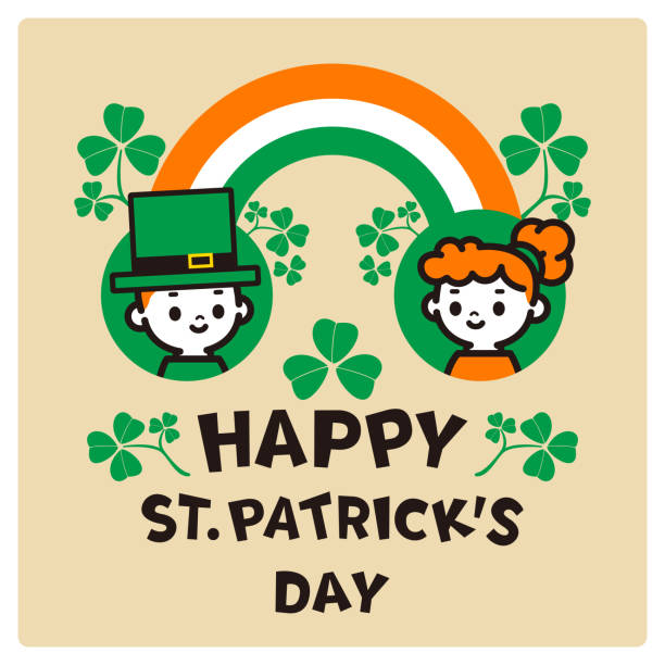 ilustraciones, imágenes clip art, dibujos animados e iconos de stock de feliz día de san patricio logotipo de letras dibujadas a mano con arco iris e iconos de un lindo niño y niña disfrazados del día de san patricio - clover st patricks day welcome sign greeting