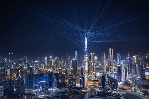 Dubai, United Arab Emirates - Feb 20, 2022: Burj Khalifa light and laser show at night.