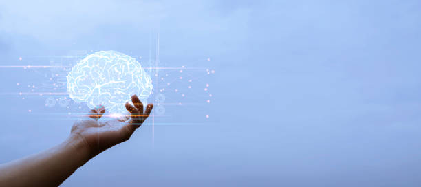 istock Hand touching brain of AI, Symbolic, Machine learning, artificial intelligence of futuristic technology. AI network of brain on business analysis 1374393970