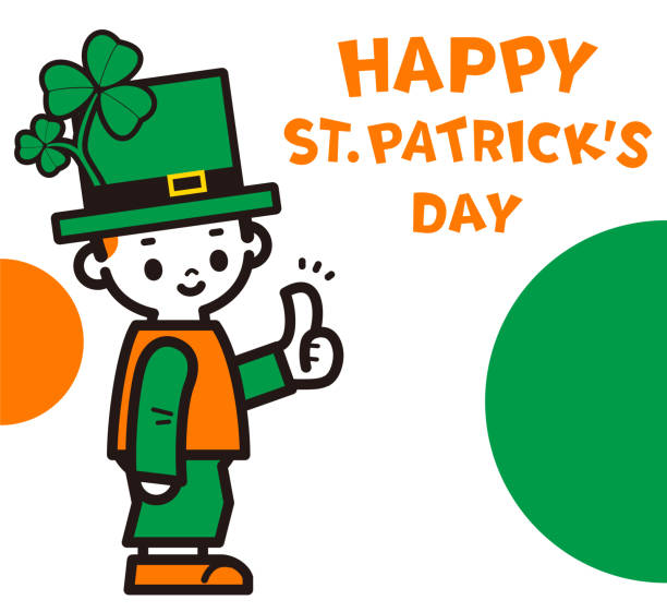 ilustraciones, imágenes clip art, dibujos animados e iconos de stock de texto escrito a mano "feliz día de san patricio" y un lindo niño disfrazado del día de san patricio dando un pulgar hacia arriba - clover st patricks day welcome sign greeting